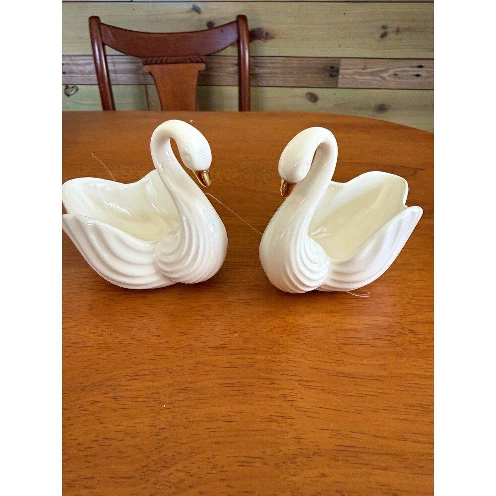 2 White Ceramic Swan Trinket Dishes Gold Beaks Glossy Finish
